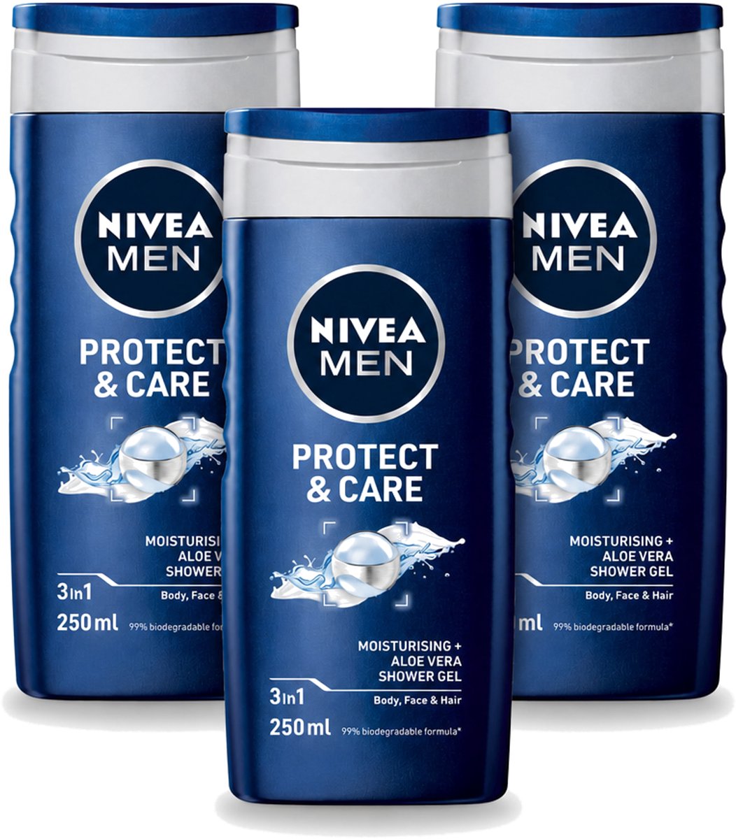 3 x Nivea - Men - Douchegel - Protect & Care - Met Aloe Vera 250 ml - Voordeelverpakking - 3 stuks
