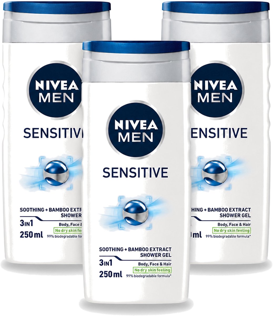 3 x Nivea - Men - Sensitive Douchegel - Hydraterend - 250 ml - Voordeelverpakking - 3 stuks
