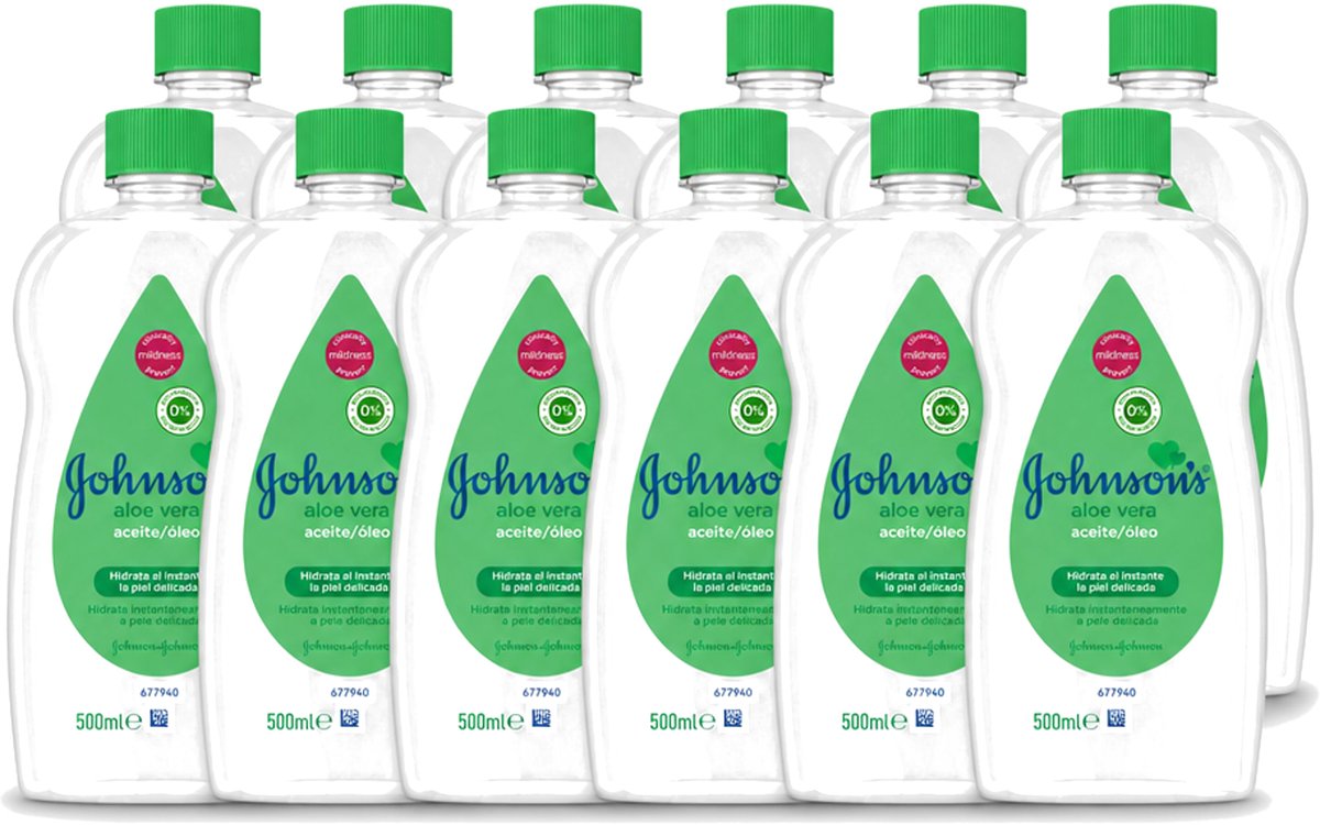 12 x Johnson's - Baby Olie - Aloe Vera - Hydrateerd Gevoelige Huid - 500 ml - Voordeelverpakking - 12 stuks