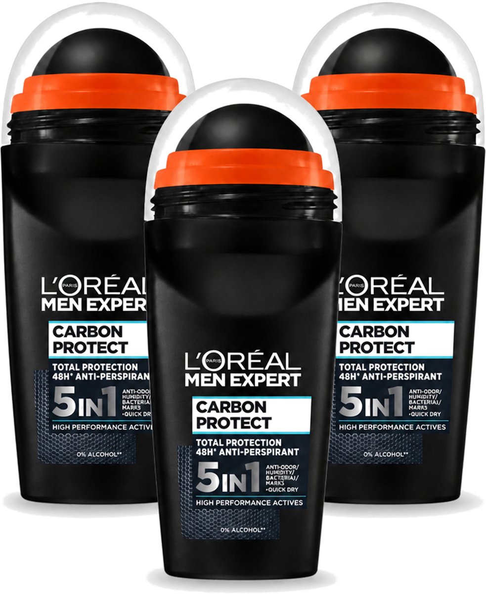 3 x L’Oréal Paris Men Expert – Deodorant Roller – Carbon Protect 5-in-1 – 50 ml - Voordeelverpakking - 3 stuks