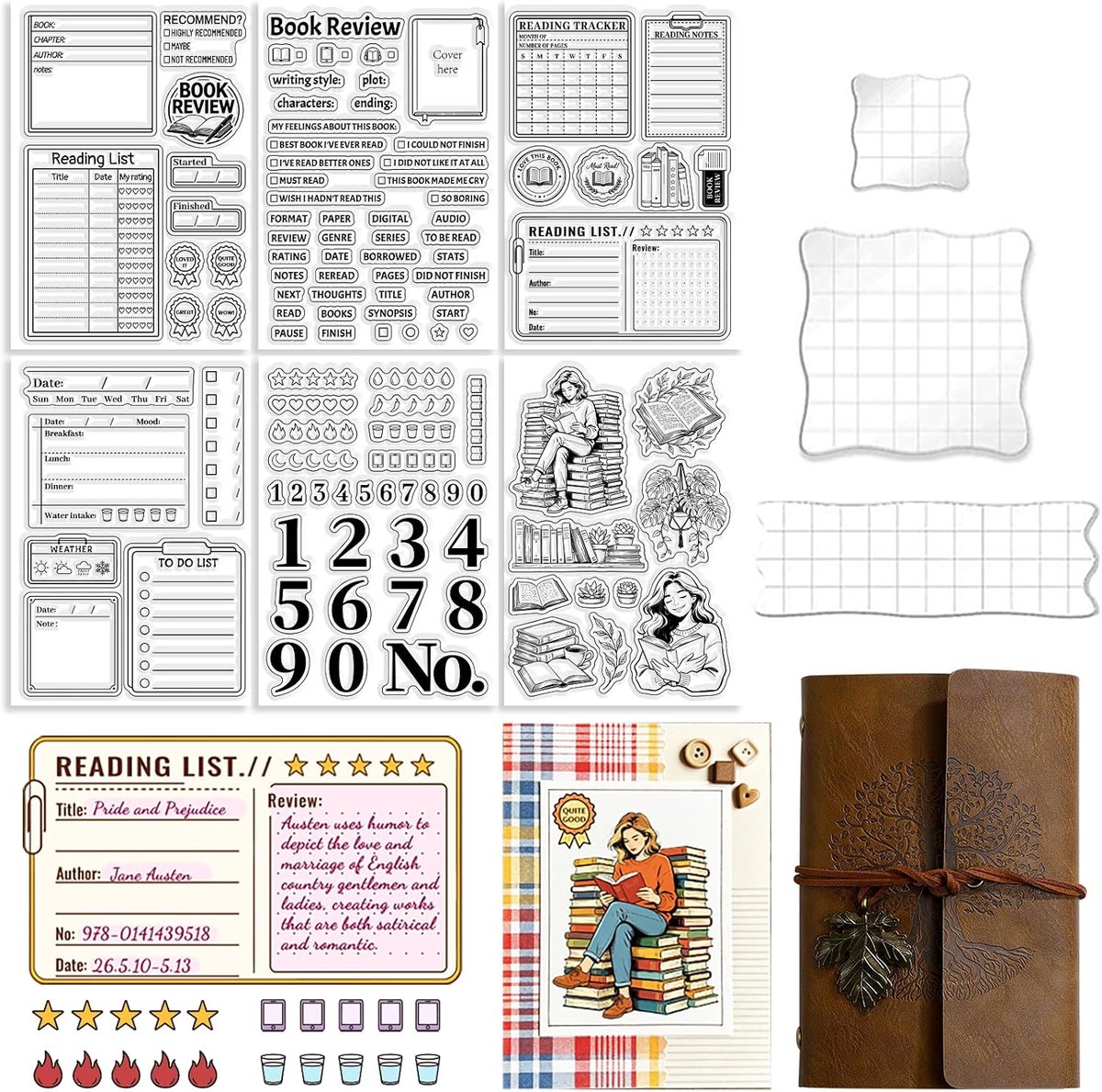 Set van 6 transparante siliconen stempels met boekrecensieformulieren, dagboeken en leeslijsten, met PU-lederen notitieboek en 3 acryl stempelblokken voor doe-het-zelf scrapbooking, 16 x 11