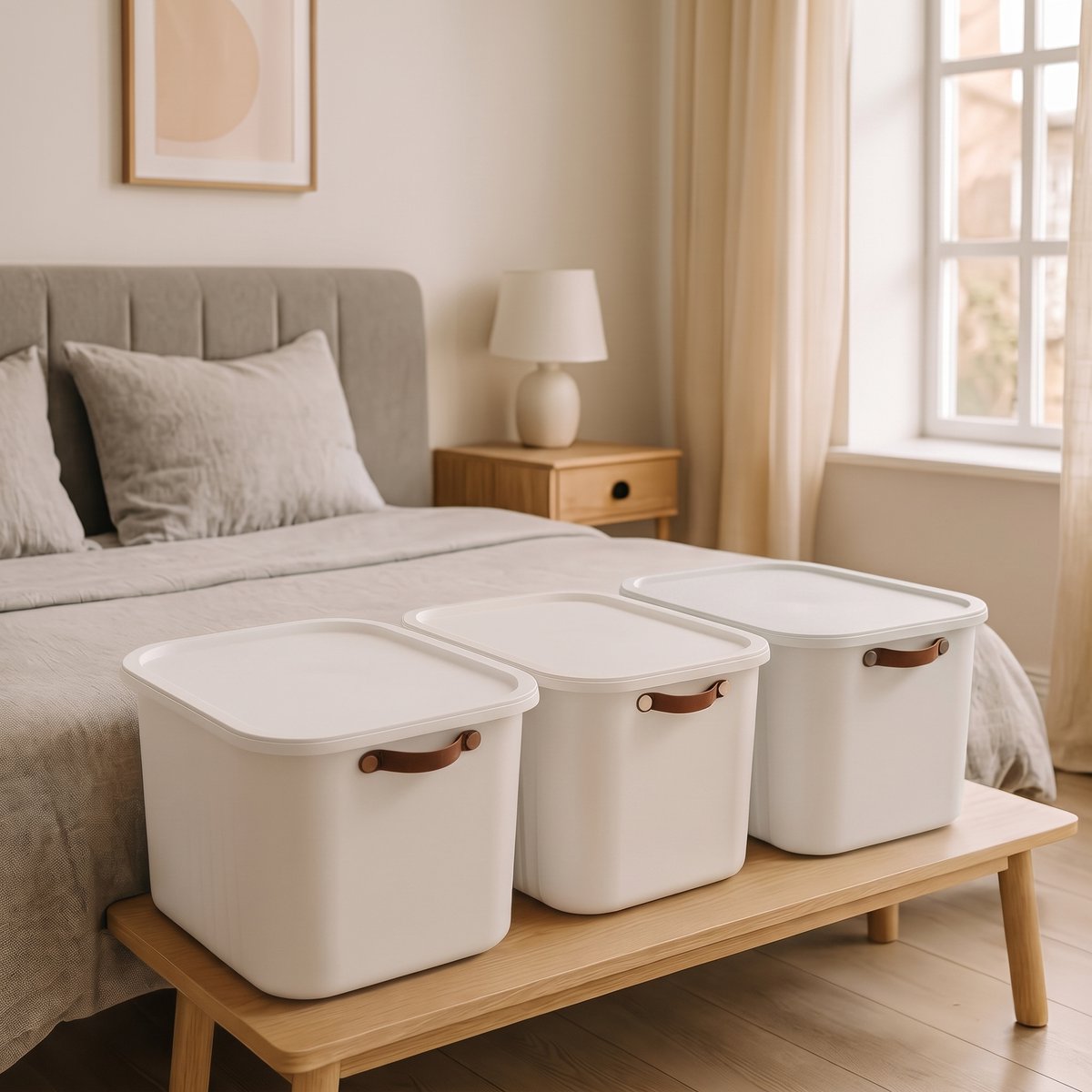 INDECOR-Opbergbox 20 Liter Set van 3 met Deksel – BPA-vrije Stapelbare Opbergdozen met Handgrepen – Opbergmanden voor Kleding, Speelgoed en Accessoires – Wit