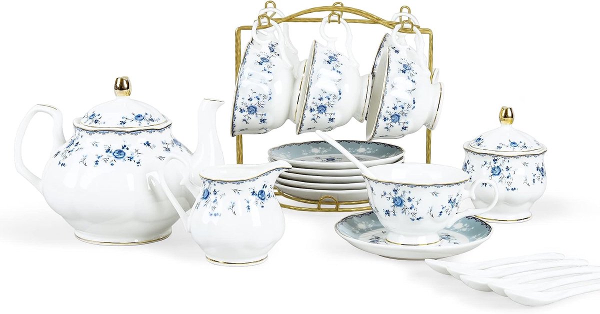 Fanquare 15-delig Blauwe Roos porseleinen theeservies, Britse bloemen theepot met theekopjes, theekransje voor vrouwen voor 6 personen