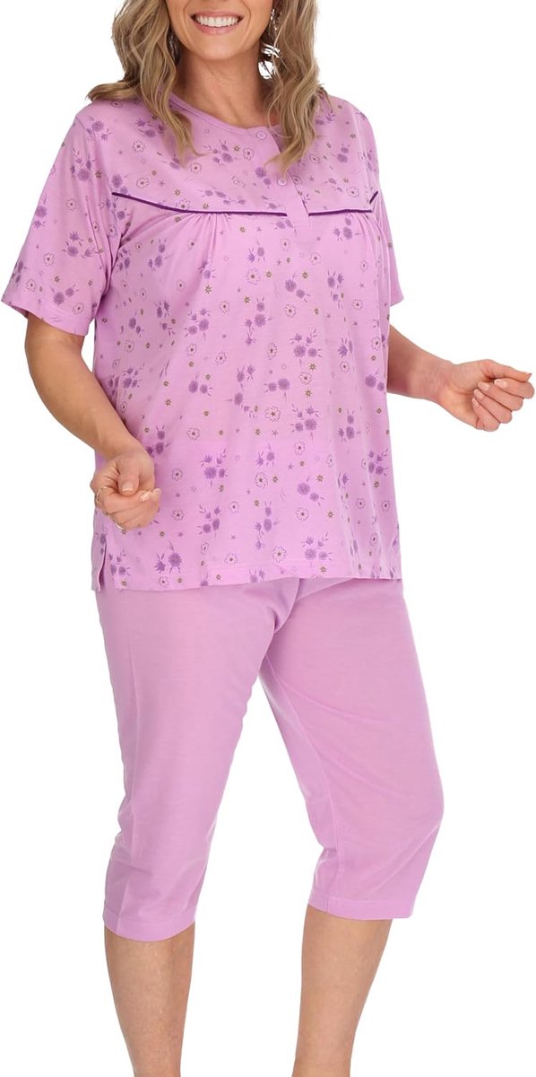 Pyjama dames katoenmix bovendeel korte mouwen onderste deel knielange katoenmix, maat: M, kleur: lila, Pyjama-korte mouw-knielengte - paars, M