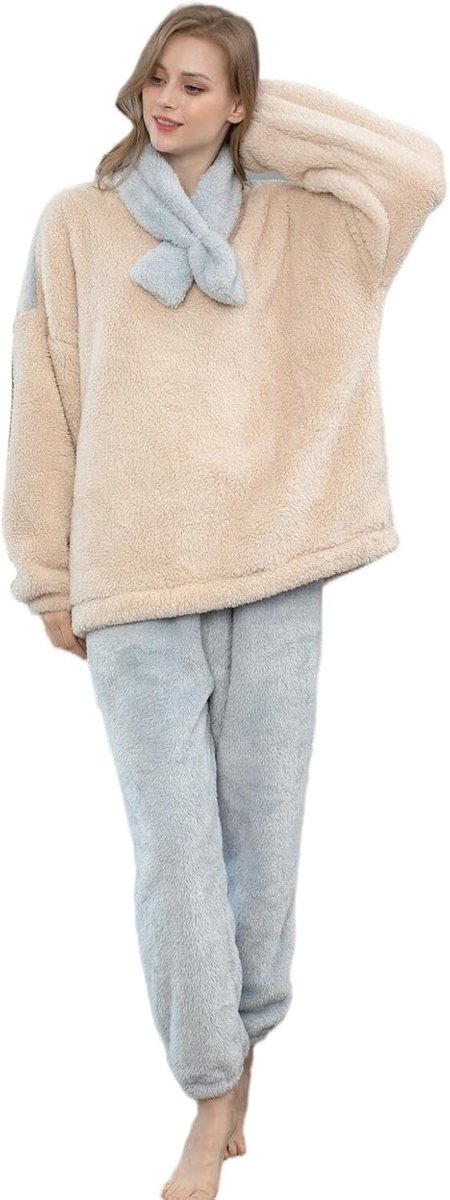 Winter Pajamas Plus Size Women'S Warm Coral Fleece Pajamas,Casual Fluffy Comfortable Loungewear,Pajama Set-B-Xl