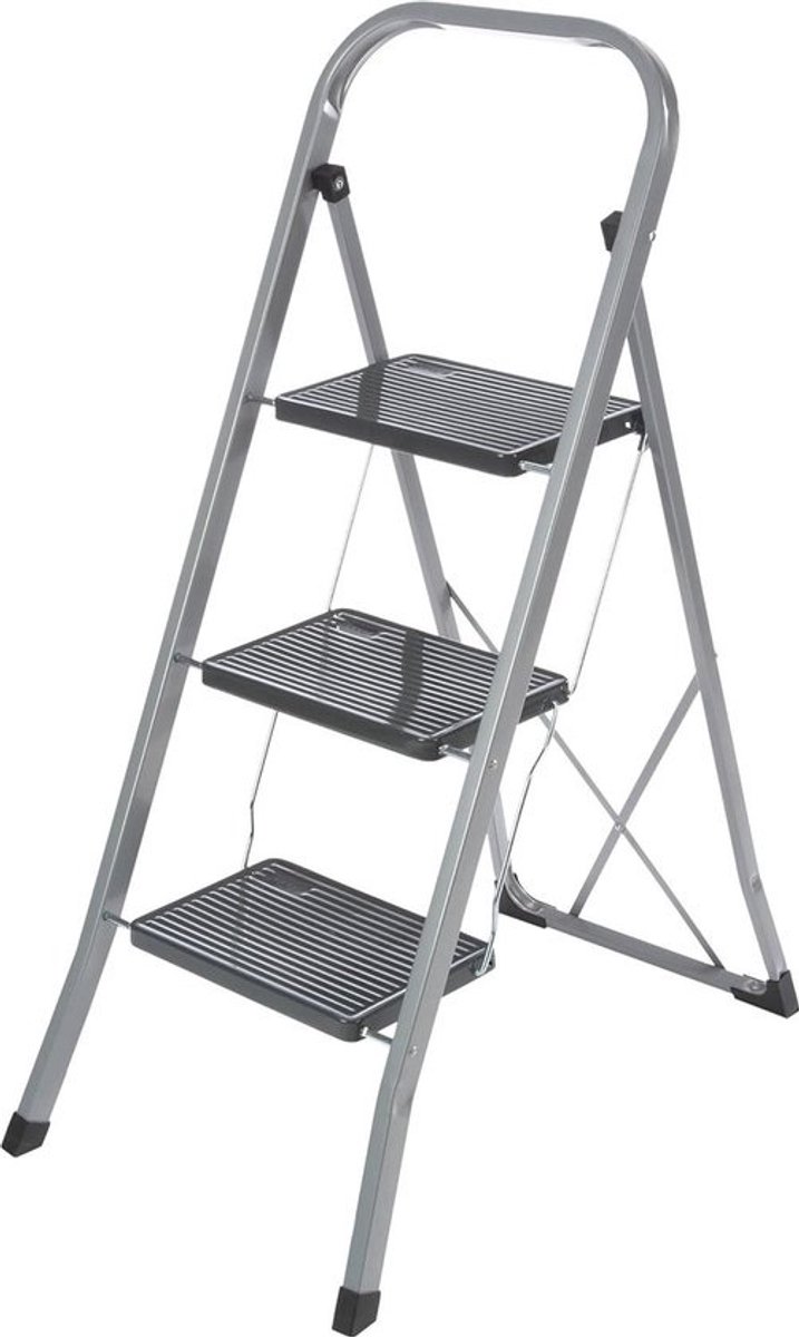 Trap ladder 3 treden inklapbaar - metalen vouwtrap met beugel - grote treden klaptrap - tot 150 kg - zilverkleurig/zwart.