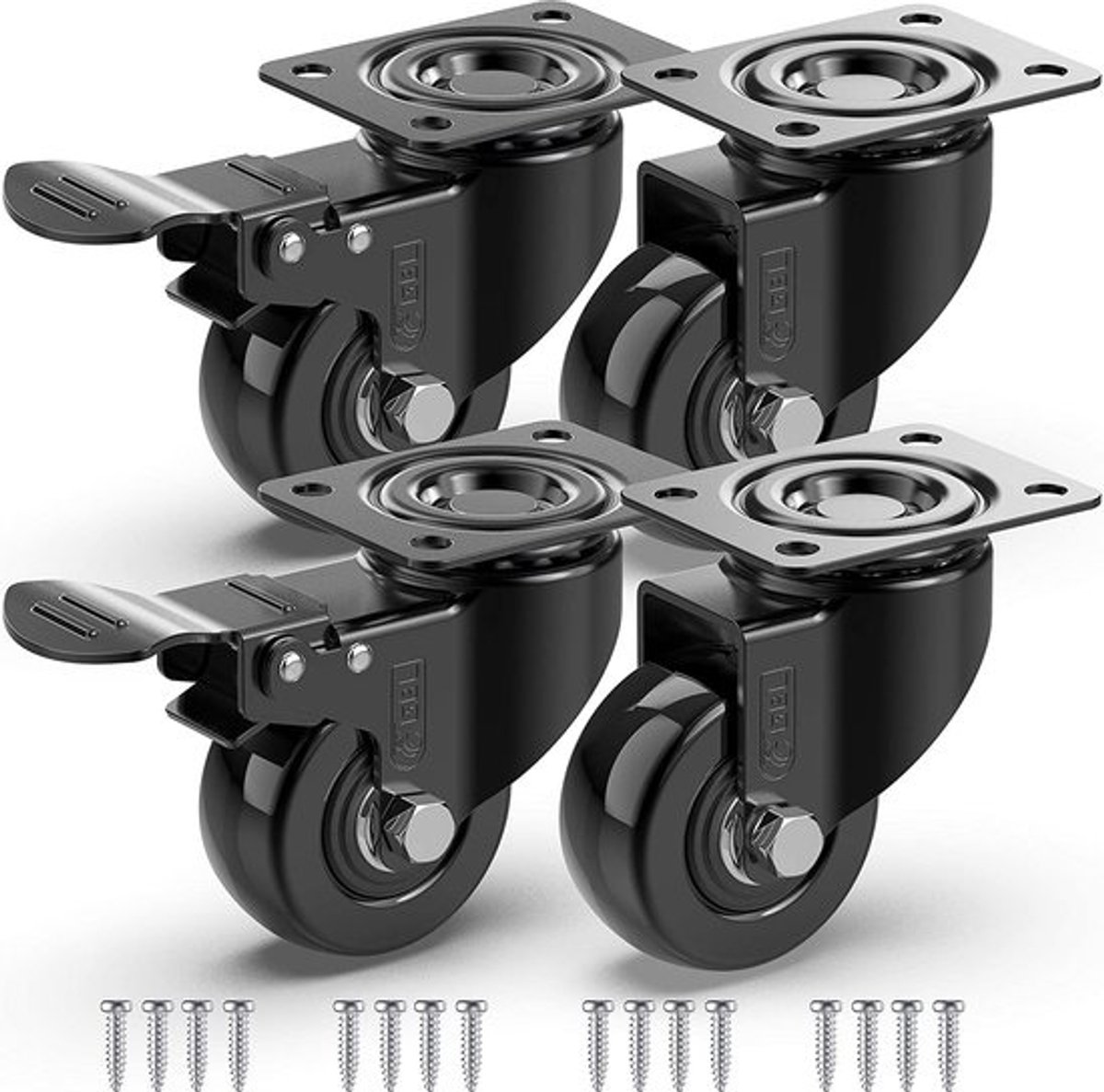 Zwenkwielen met Remmen 50mm - 200 KG Draagvermogen - Set van 4 Rubberen Meubelwielen met Schroeven