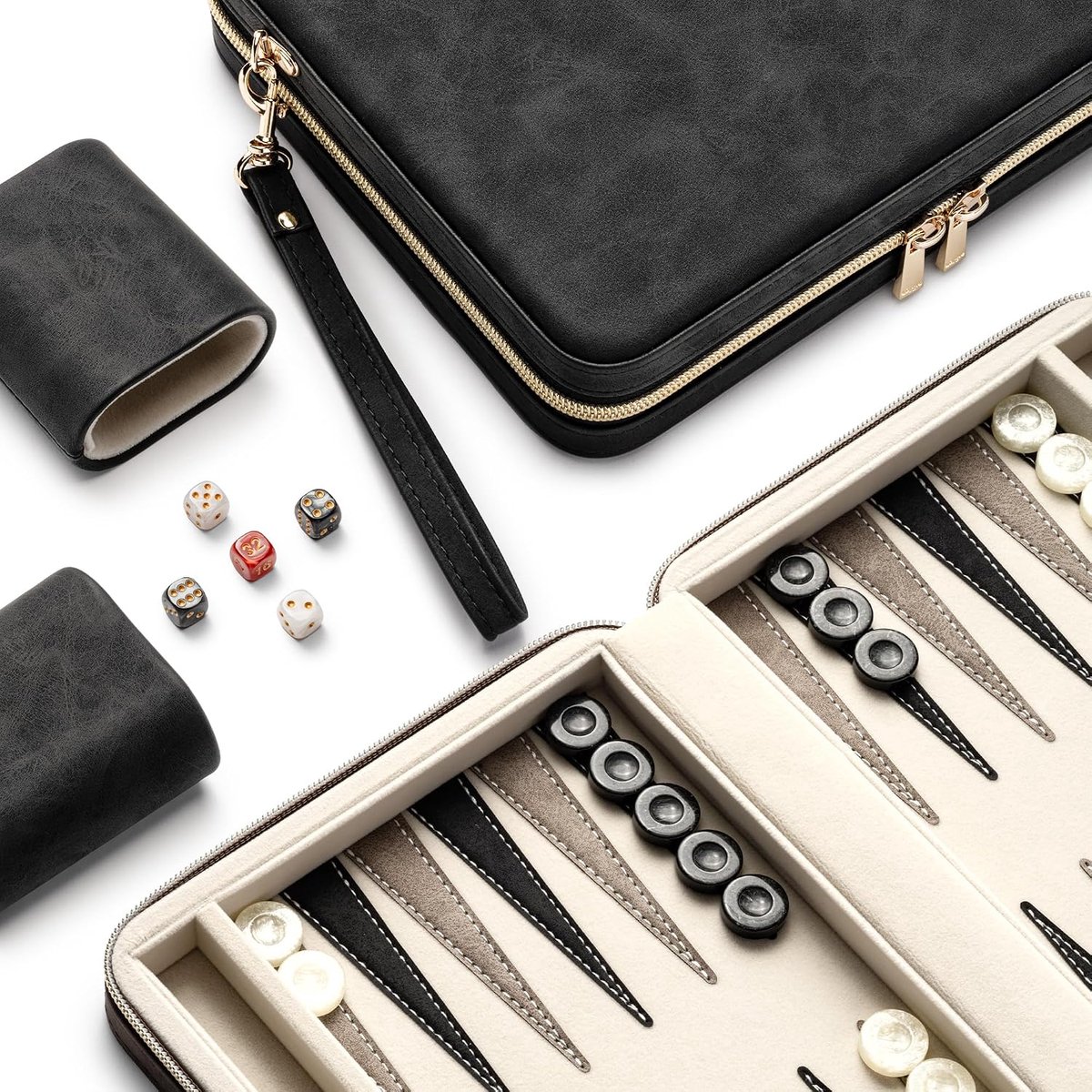 Sets voor volwassenen en kinderen, klassiek backgammon bord met unieke dammen dobbelstenen, opvouwbare faux lederen backgammon hoes, draagbare reis backgammon spelset (zwart)