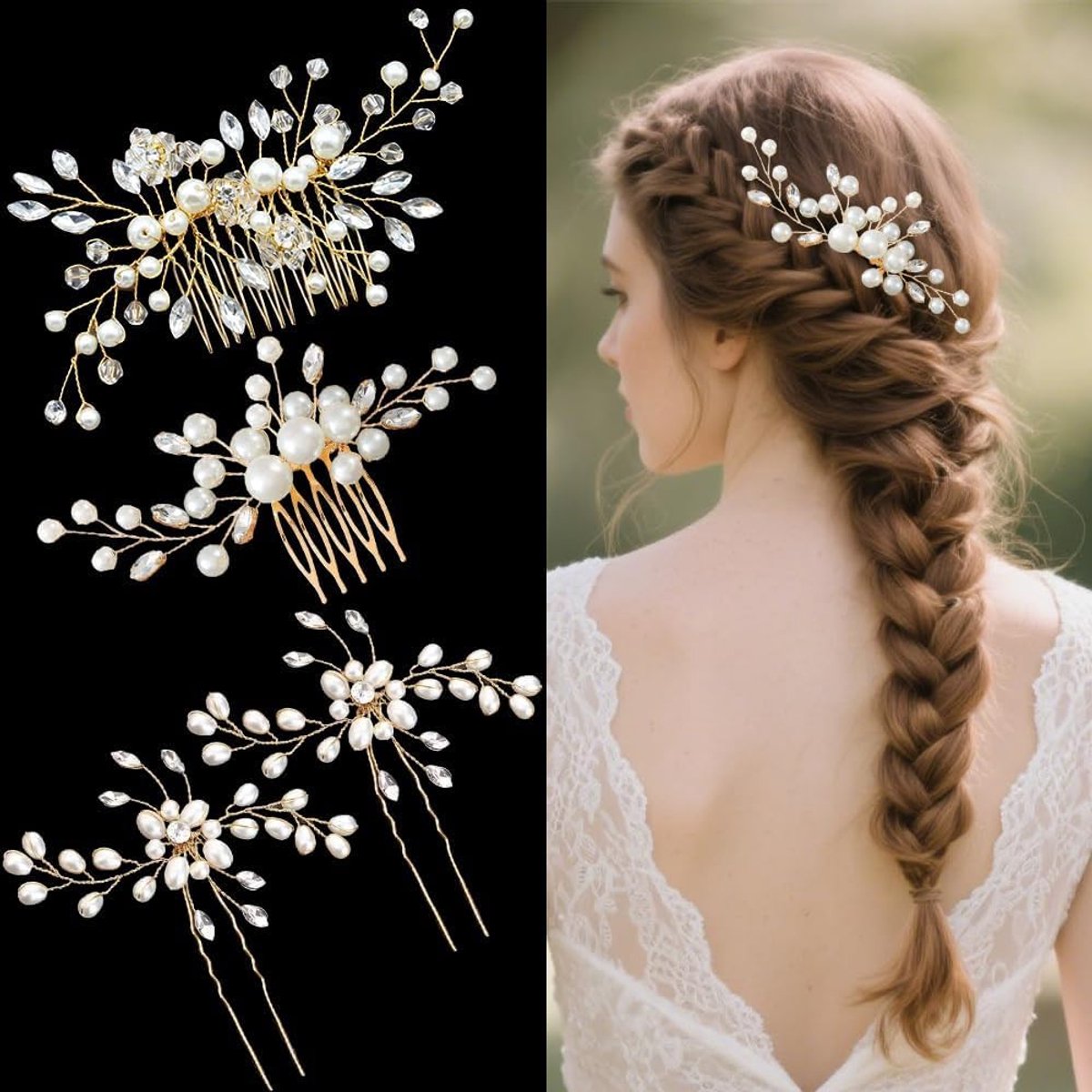 4 Stuks Bruids Haarspelden Bloemen Bladeren Haarkam Haarsieraad Dames Haaraccessoires Bruiloft Haarpins Voor Opsteekkapsel Feest Gala Fotoshoot (Goud B)