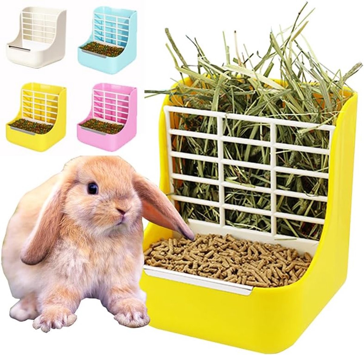 Gras En Voer 2 in 1 Konijn Hooi Feeder Rat Voedsel Kom Klein Dier Chinchilla Eekhoorn Cavia Hamster Eten Dispenser Huisdier Voerbak Houder Plastic Dierbenodigdheden (geel)