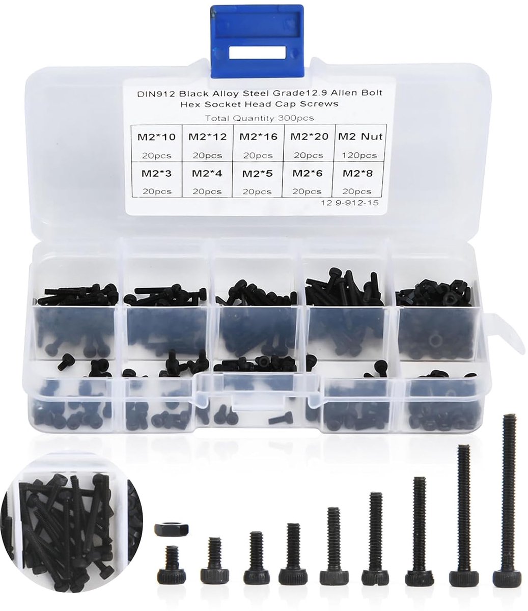 Schroefset, hoogsterkte legeringsstaal zeskant holle kop met opbergdoos, M2 bouten moeren assortiment voor auto-onderhoud, machineherstel, zwart M2x3-20mm 300stuks