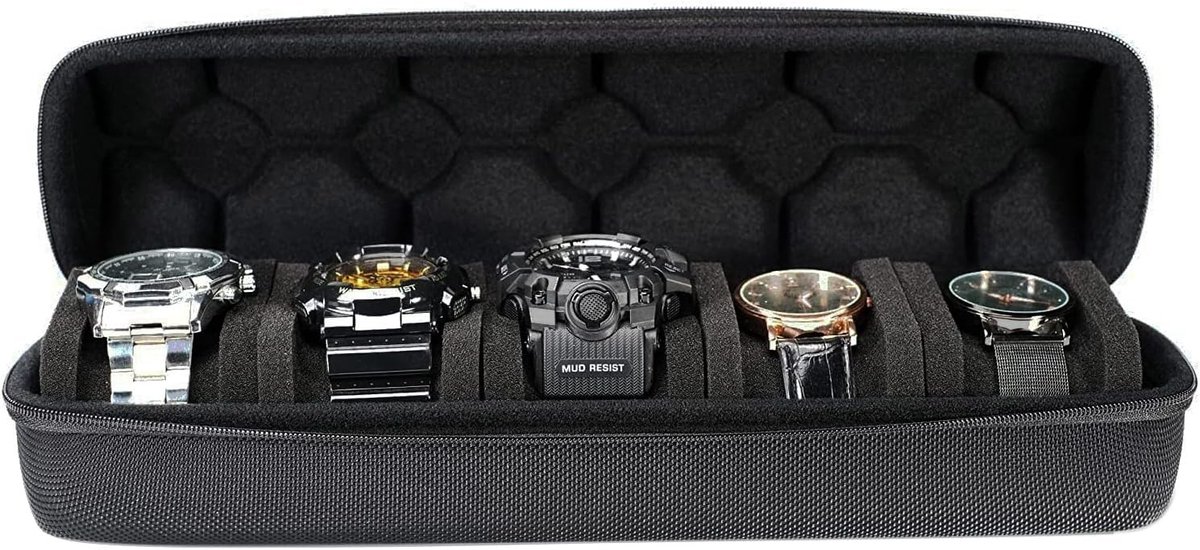 Horloge opbergdoos - Zwart - 5 vakken - Hard shell met sponskussen - Voor veilig en stijlvol horlogeopbergen