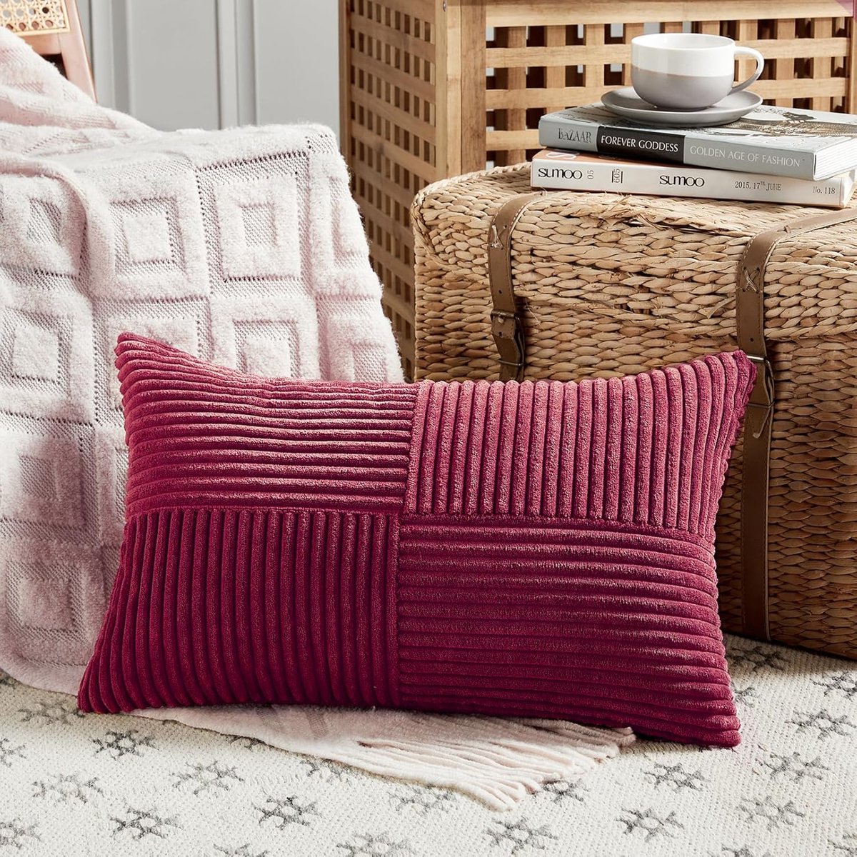 Kussensloop 30 x 50 cm - Wijnrood - Zacht corduroy - Perfect voor boho decoratie - ShopVlot