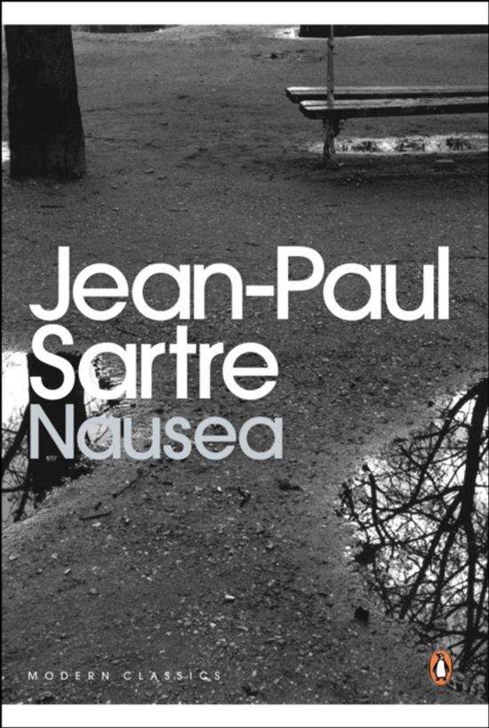 Boek kaft met de titel 'Nausea' van Jean-Paul Sartre in witte letters op een grijze achtergrond. Een parklandschap is weerspiegeld in een plas.