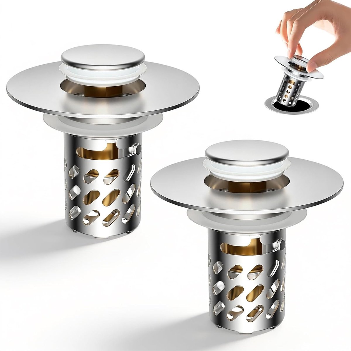 2 stuks wastafelstoppen pop-up afvoerzeef, verbeterde 3-in-1 stop wastafel met afneembare roestvrijstalen filtermand, universele afvoerstop 30-60 mm wastafelgat, messing kern, anti-verstopping