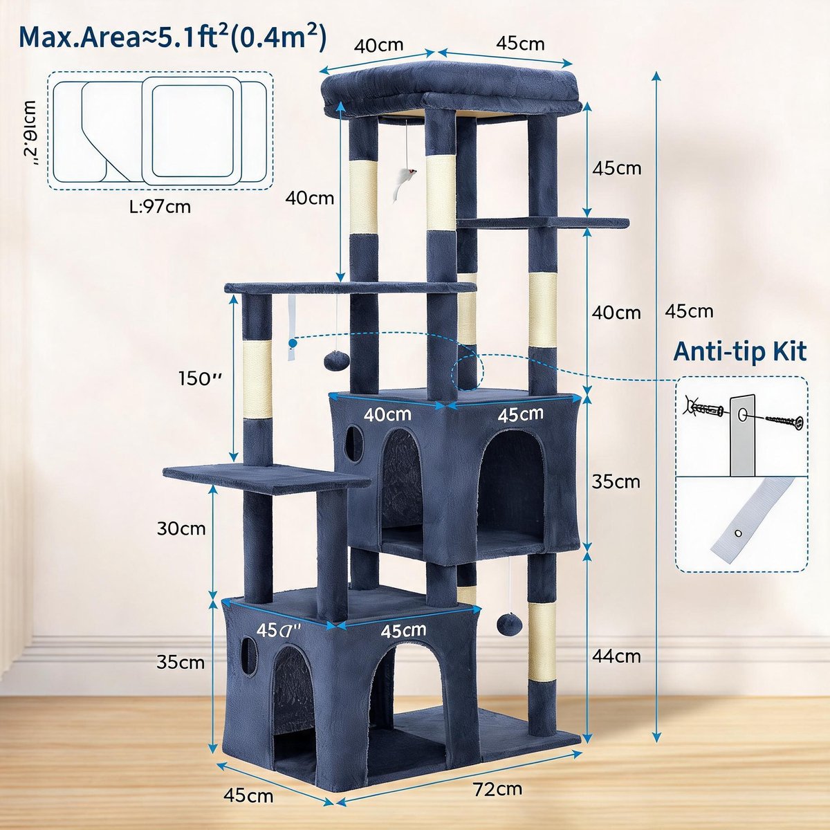 Triumpunpre - Kattenboom 155 cm Voor Grote Katten & Maine Coon - Meerlaagse Kattentoren met 7 Sisal Krabpalen, 2 Kattenholen en Groot Platform - Blauw thumbnail 4