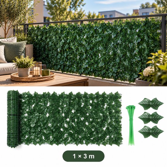 Donkergroene kunsthaag van klimop, 1x3m rol met kabelbinders en extra bladeren. Biedt privacy op balkon of terras.