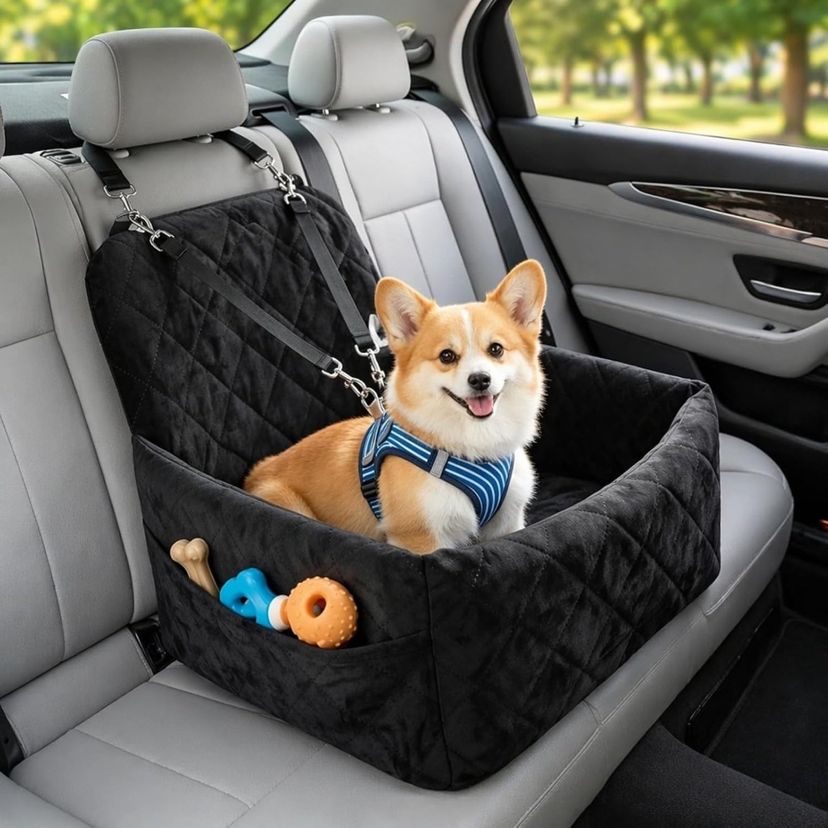 Autostoel voor kleine honden, hondenstoel, traagschuim, reisbed, afneembare en wasbare zitverhoger, stabiele hondenautostoel incl. 2 veiligheidsgordels voor reizen en comfort (40 x 40 x 35 cm)