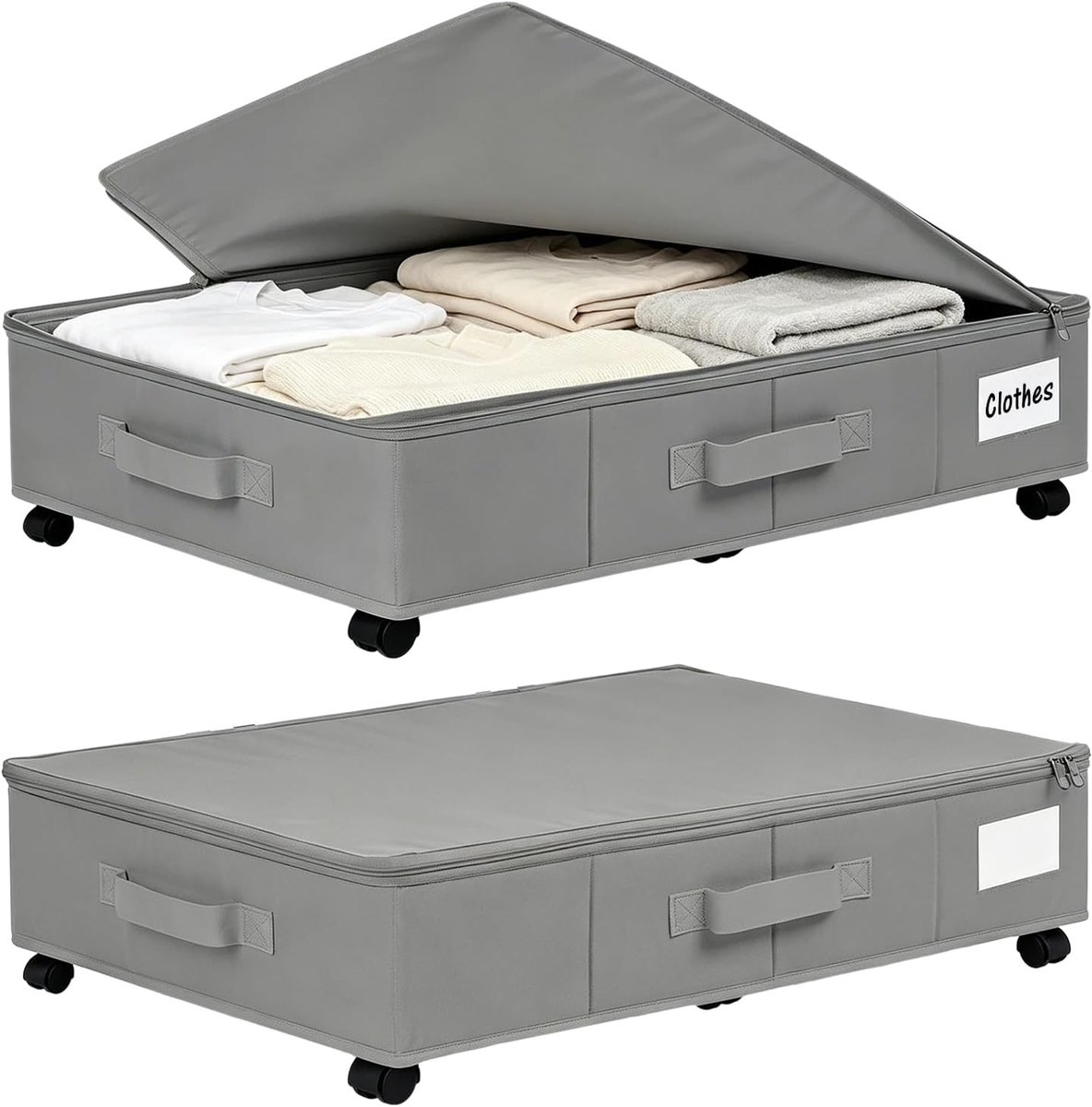 Onderbedcommode met wieltjes, 2 stuks opvouwbare opbergdoos met handgrepen, bedbox, onderbed-opbergdoos voor dekbedden, kleding, schoenen, dekbedden, dekens, 60 x 40 x 15 cm
