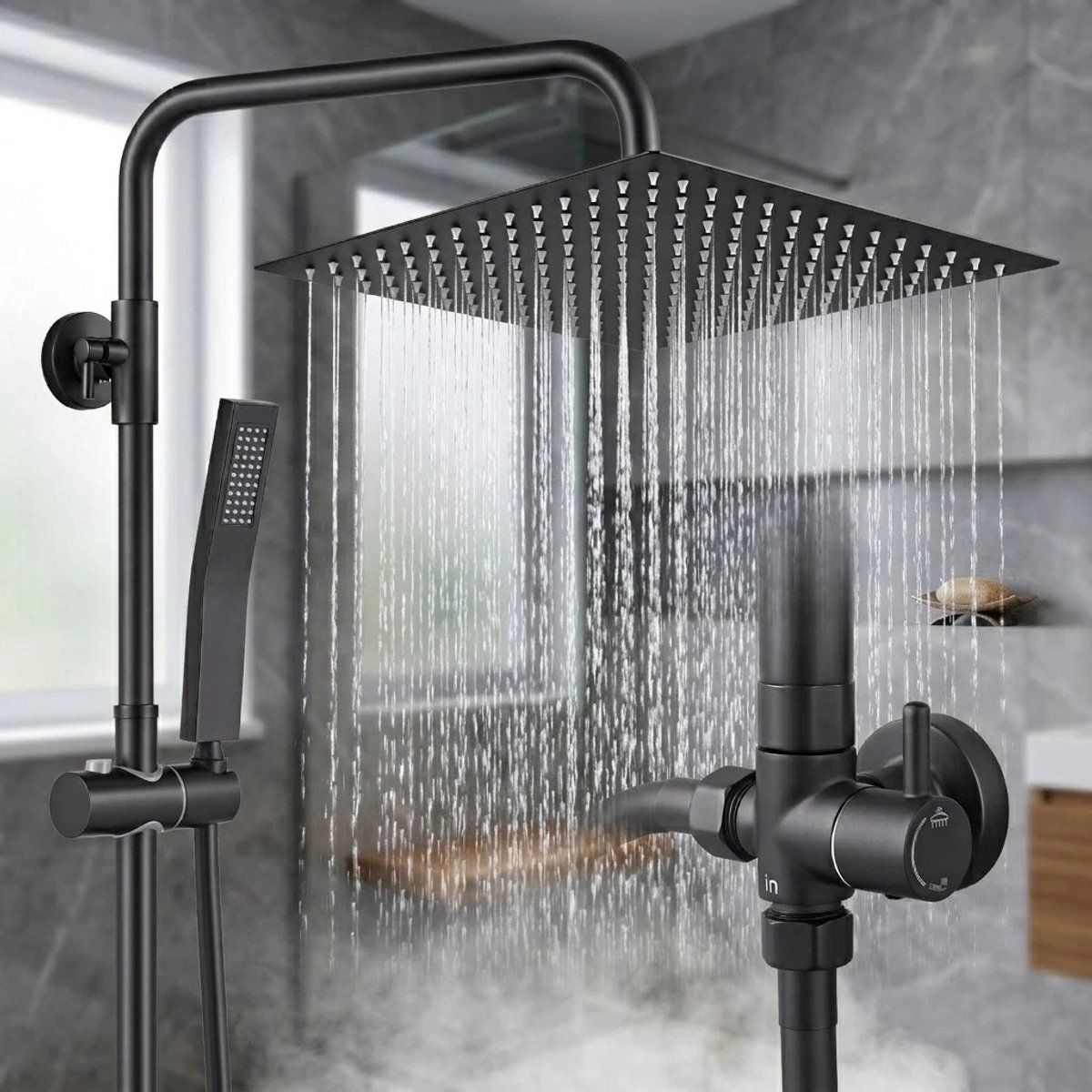 DERW Max Doucheset Zonder kraan - 12 inch Regendouche - Complete Douchesysteem met Douchestang, Douchekop, Slang en Houder - Vierkant Doucheset - Waterbesparend - Zwart