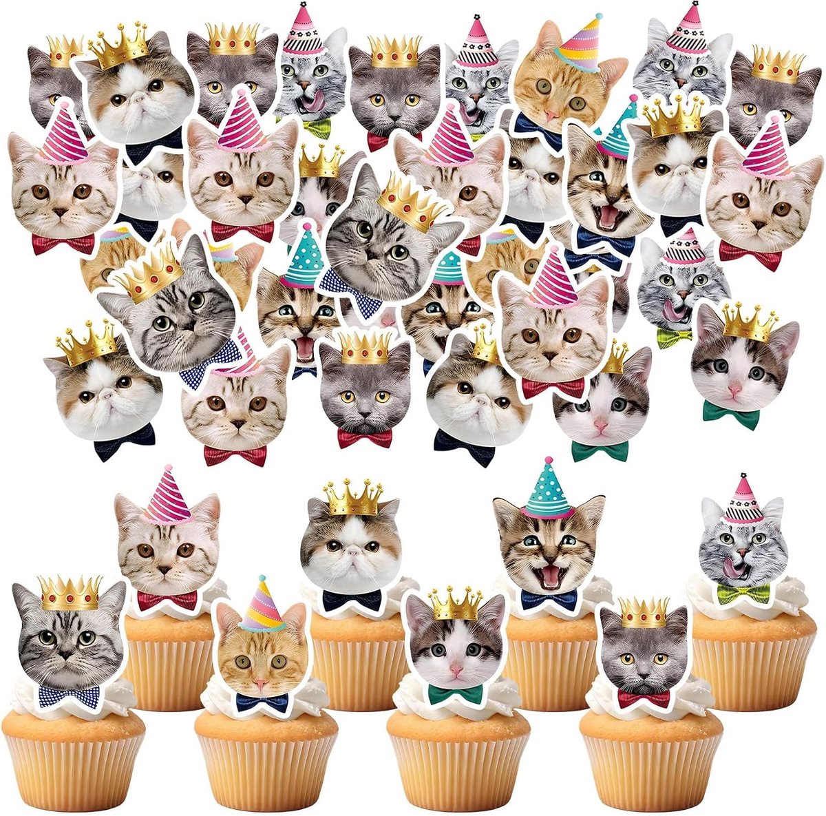 Eetbare cupcake-toppers voor katten, cupcake-toppers, kattenmuffindecoratie, verjaardag, katten, taartdecoratie, verjaardag, voor kat, huisdieren, feestdecoraties.