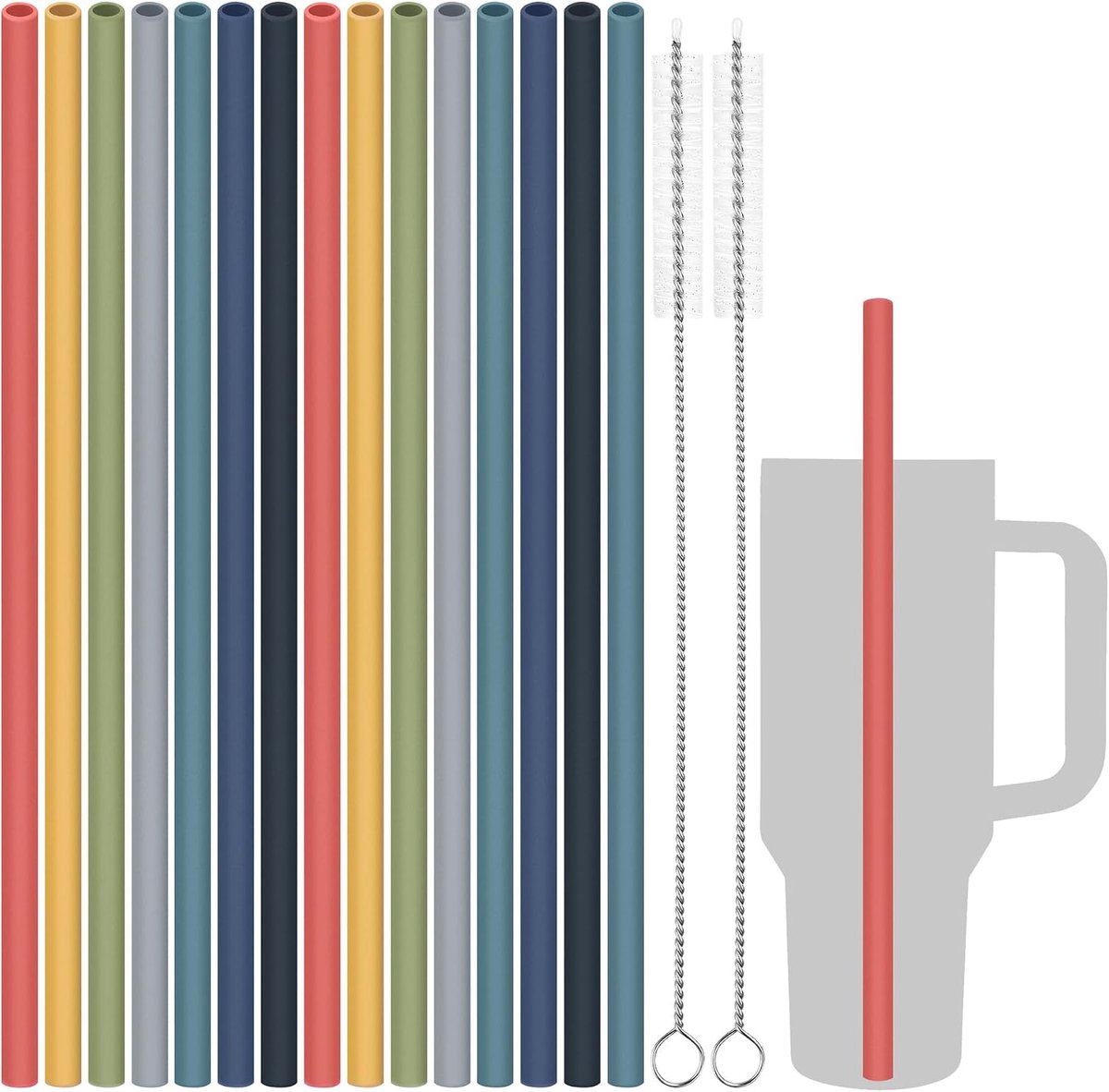 Herbruikbare siliconen rietjes 15 stuks en 2 borstels geschikt voor Stanley Tumblers 40 oz 30 oz 20 oz, geruisvrij BPA-vrij food grade siliconen verstelbaar voor verschillende bekers