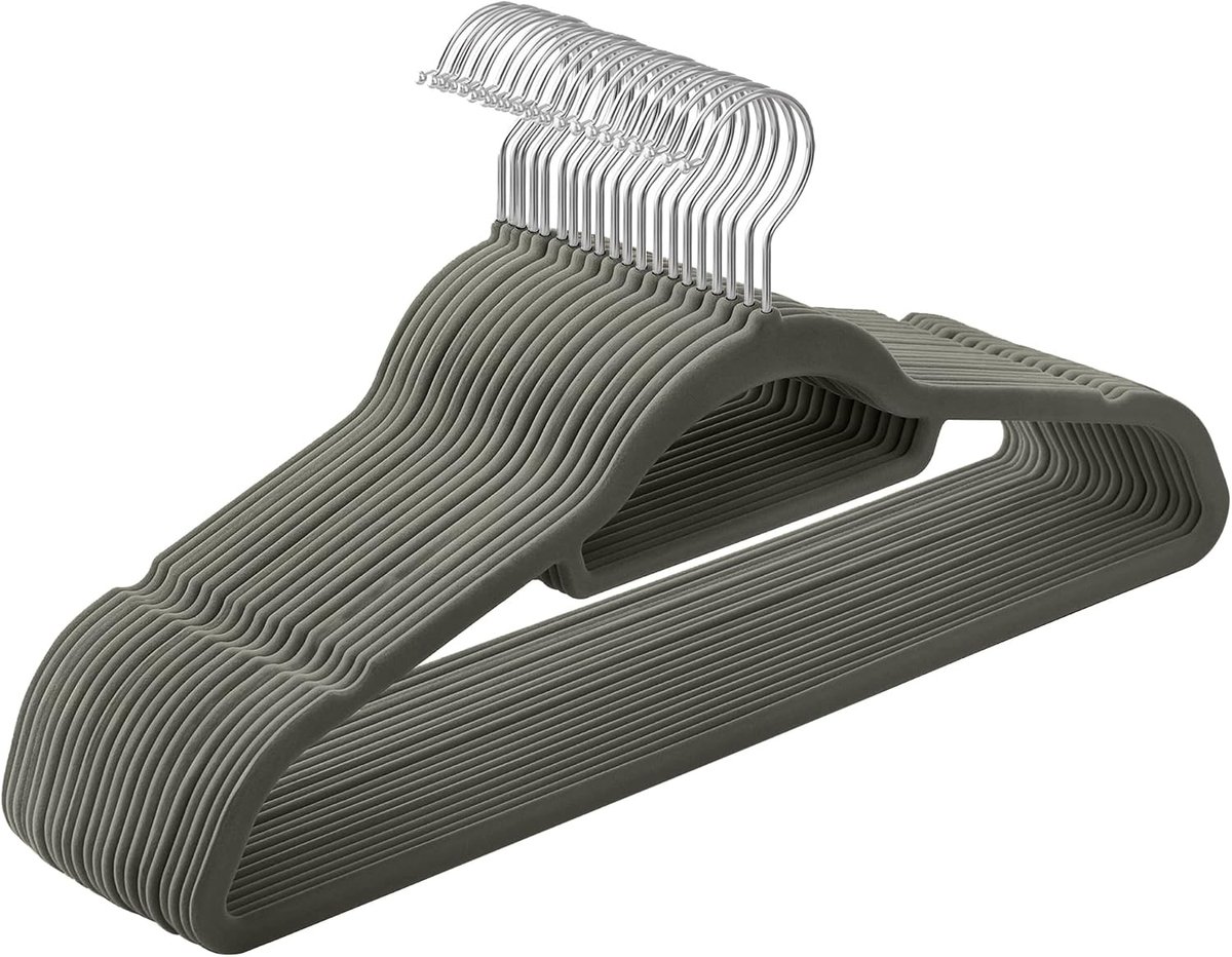 Kleerhangers, Fluweel, 20 Stuks, 0,6 cm Dik, Antislip | Kledinghanger, Jashanger, Twee Inkepingen, 360° Draaibare Haak, Grijs, BREANNA Collectie CRF20V