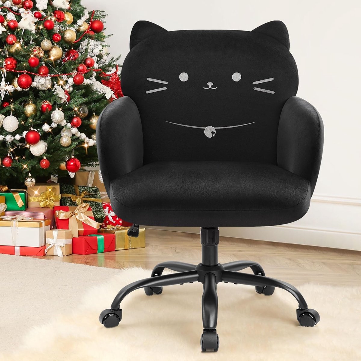 Thuisbureaustoel Brede Zitting Bureaustoel Schattige Fluwelen Draaibare Kaptafelstoel Computerstoelen met Kattenthema en Wielen Gestoffeerde Moderne Accentfauteuil voor Woonkamer Slaapkamer