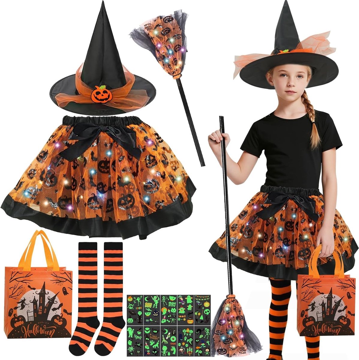 Griezelig Tovenaar Kostuum voor Meisjes, Tutu Set met Heksenhoed en Heksenbezem, Perfect voor Halloween en Carnaval