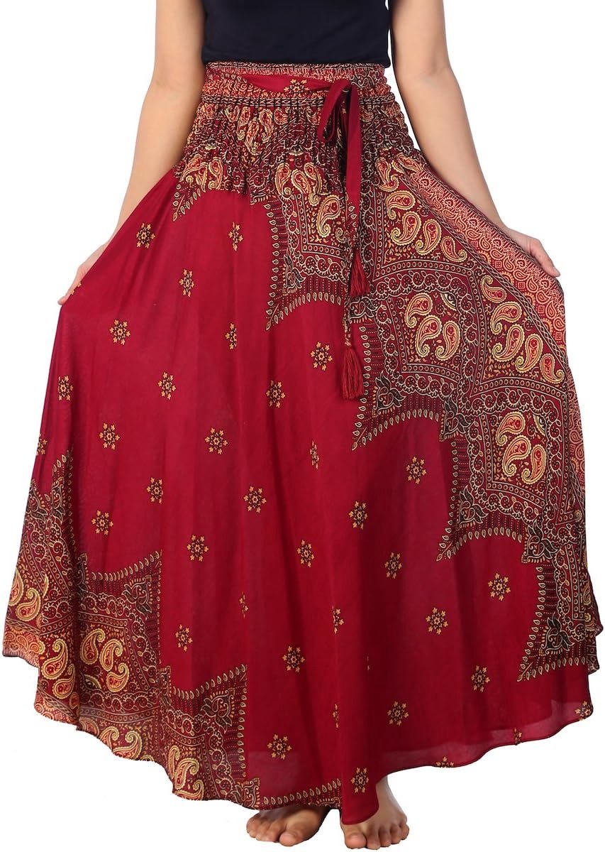 Women's Long Maxi Skirt Bohemian Gypsy Hippie Style Clothing Boho Skirts (US 40 INC S-M, Burgundy Peacock Flower)