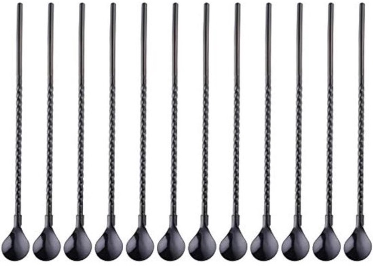 50 stuks Metalen Rietjes met Lepeltje 8,5 inch - Roestvrij Staal Rietjes voor Cocktail, IJskoffie, Milkshake, Smoothie en Maté - Zwart