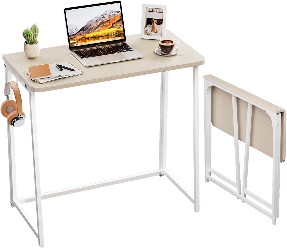Opvouwbaar Bureau 80cm, Klein Vouwtafel Bureau voor Kleine Ruimtes, Mini Computertafel Gamingtafel Schrijfwerkstation, Beige