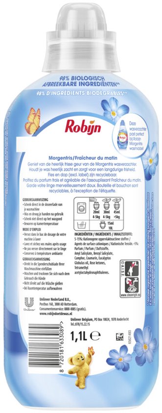 Robijn Morgenfris wasverzachter in een lichtblauwe fles met vlinders, bloemen en een berenafbeelding. Bevat 1,1 liter en is 55 wasbeurten.