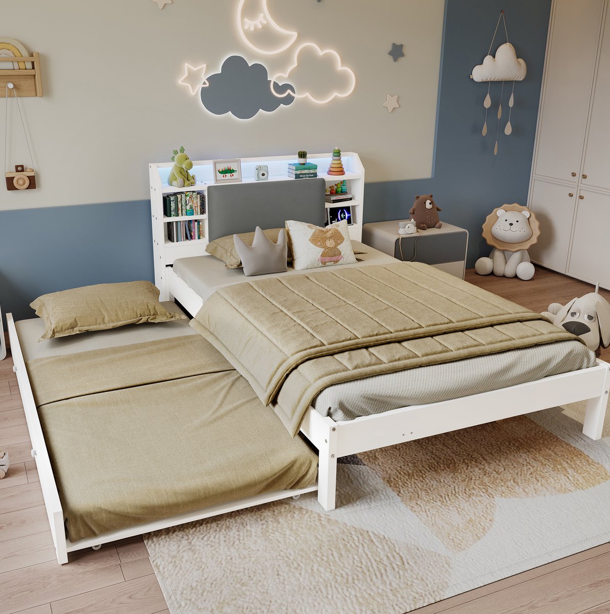 MODENUIT Bedframe – Uitschuifbed 90x190 cm – 120x200 cm – Hout – Wit – Ledlichtstrip – Hoofdbord met Rek – Laadfunctie