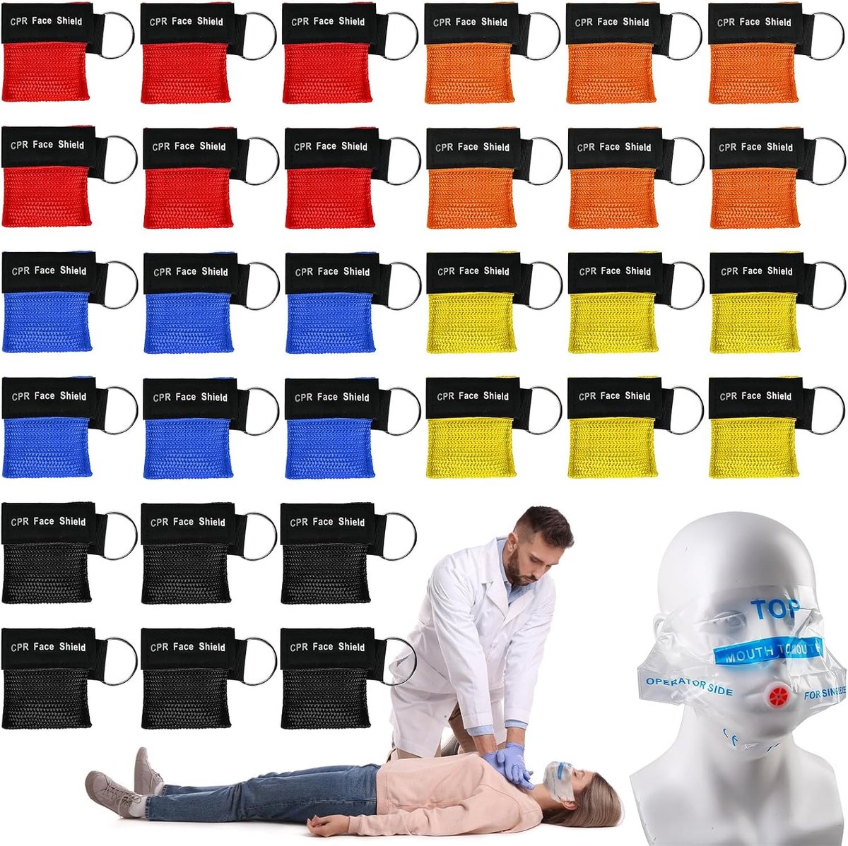30 Stuks CPR Maskers Sleutelhangers met Ventiel - Pocket Mask voor Eerste Hulp en AED Training in Diverse Kleuren