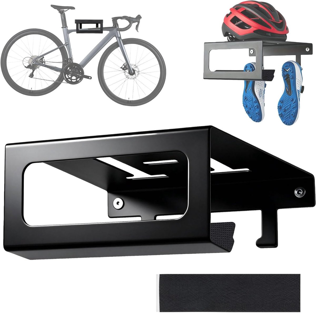 3-in-1 fietswandhouder met helmrek en schoenenhaak, koolstofstaal, universeel voor racefiets, stadsfiets en mountainbike, 27 x 15 x 31 cm
