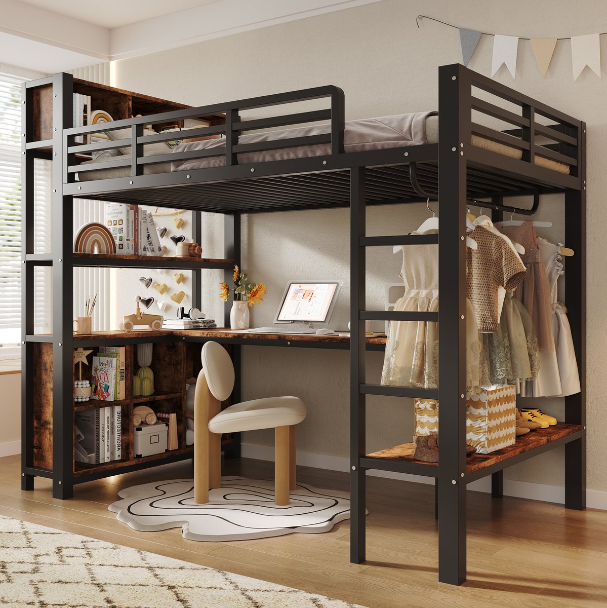 MODENUIT Hoogslaper - Met Bureau - 90 x 200 cm - Metaal en MDF - Zwart - Met Rekken, Garderobe en Opbergvakken