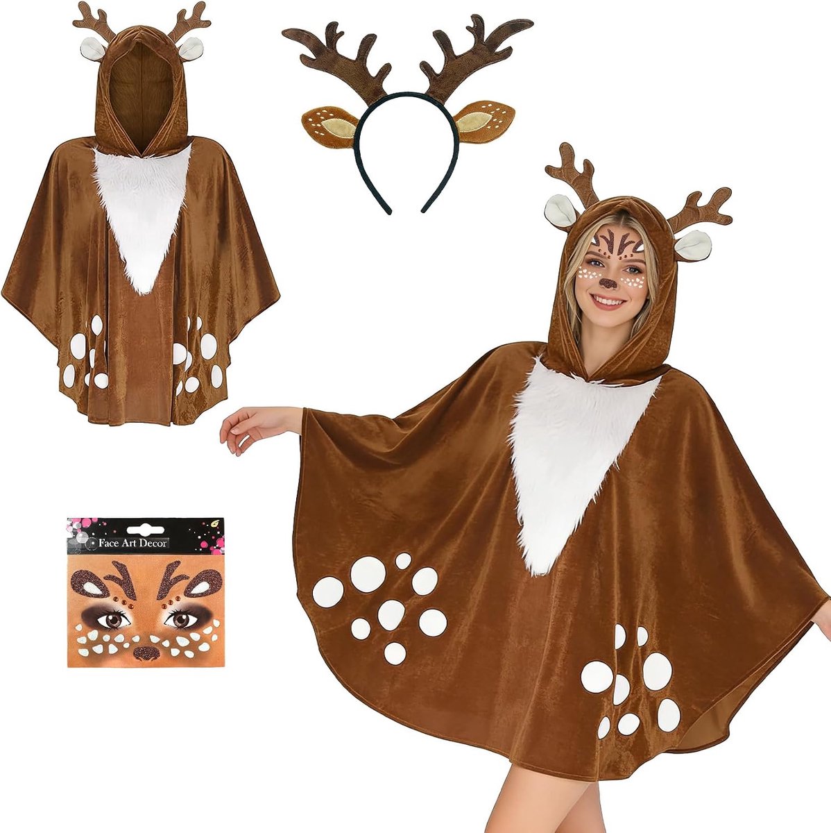 Rendierkostuum voor dames, hertencape, met rendieroren, gewei, haarband en glitter, gezichtstattoo, carnavalskostuums, hertendierkostuum voor carnaval, Kerstmis, themafeest