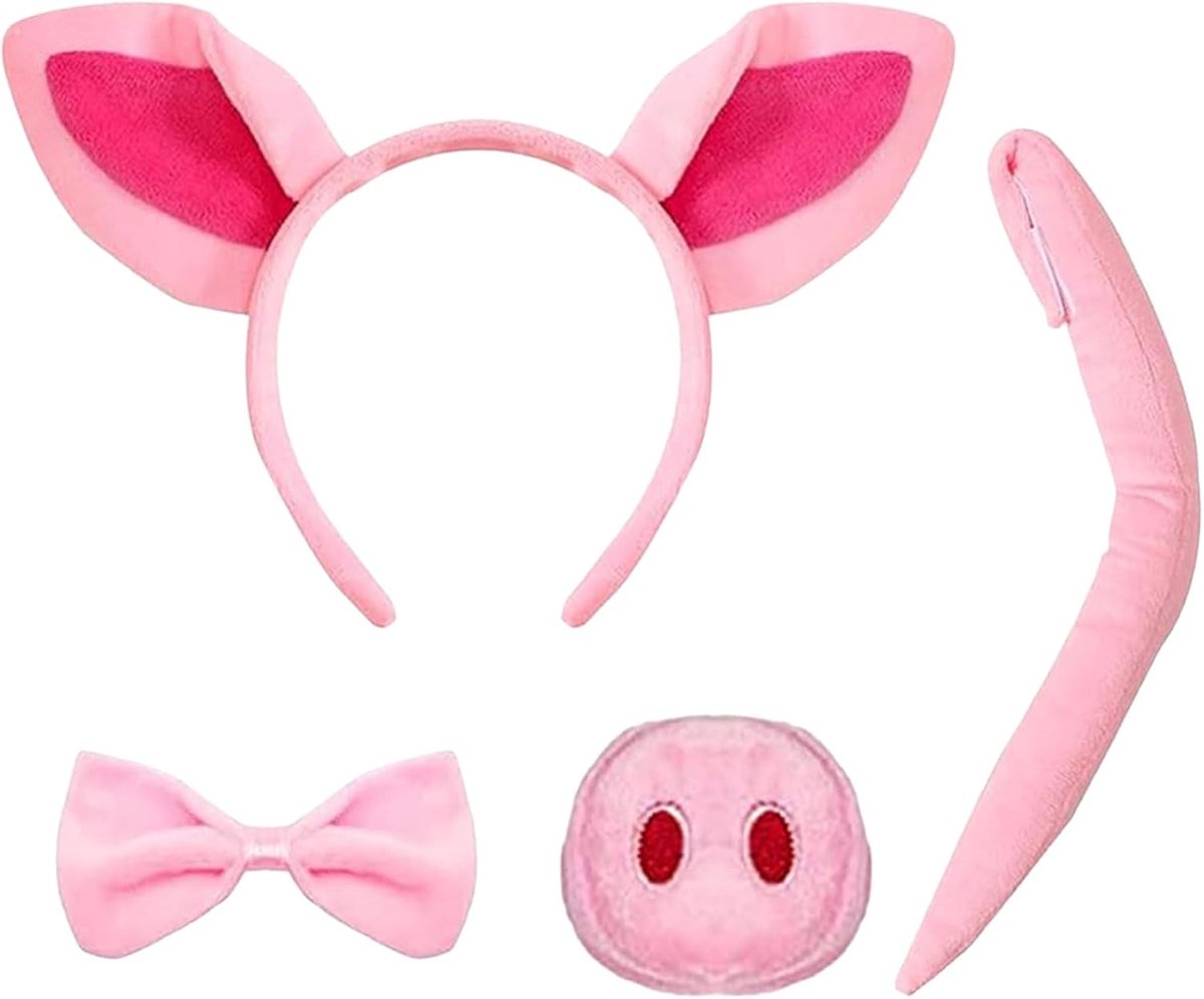 Kostuumset, varkenskostuumset met oren, neus, staart en vlinderstropdas, accessoires voor dierenkostuums voor carnaval, Halloween