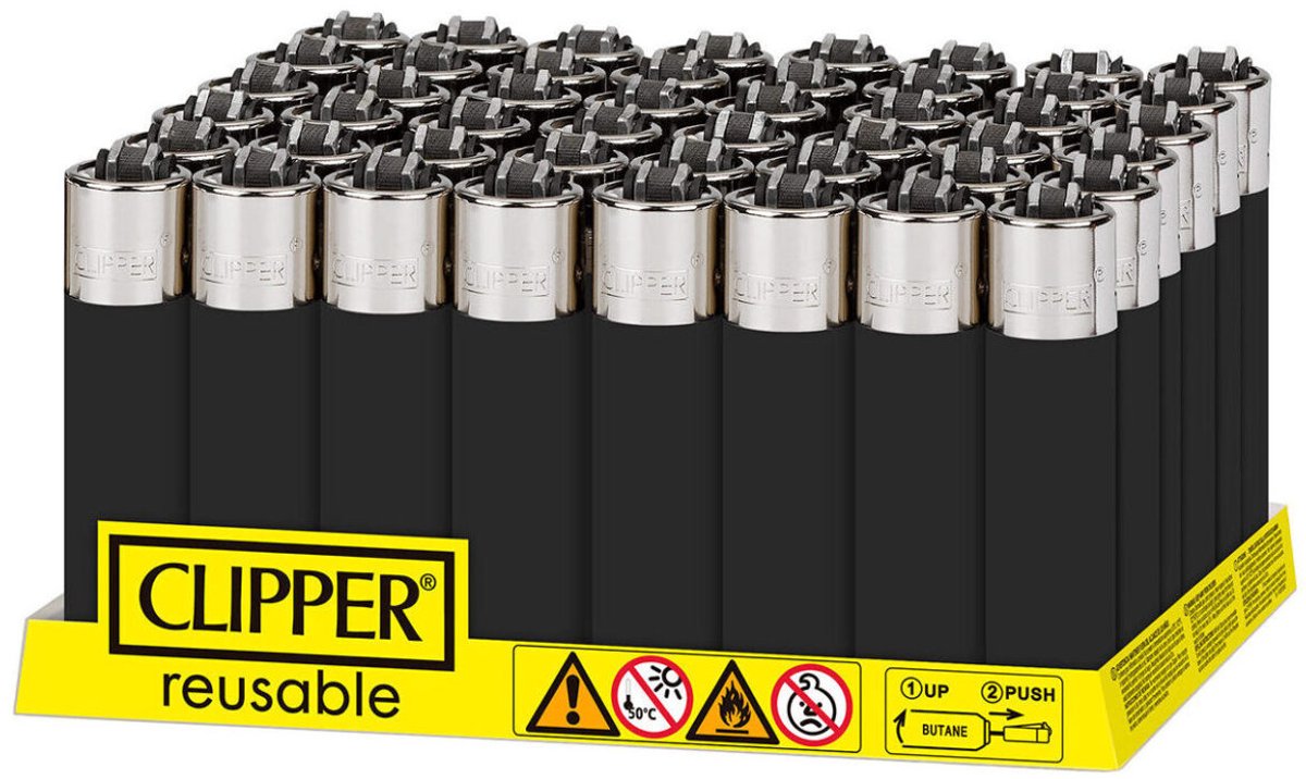Clipper Aansteker - 48 stuks in display- Aansteker - Vuursteen -Hervulbaar - Black Blank