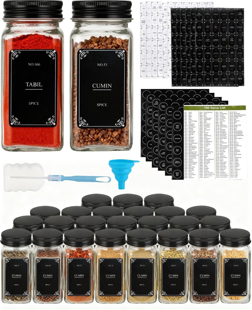Set van 24 zwarte kruidenpotjes, rechthoekig, met strooi-opzetstukken, 120 ml, glazen kruidenpotjes, dicht en met waterdichte etiketten, voor keukenorganisatie en tafelopslag (zwart)