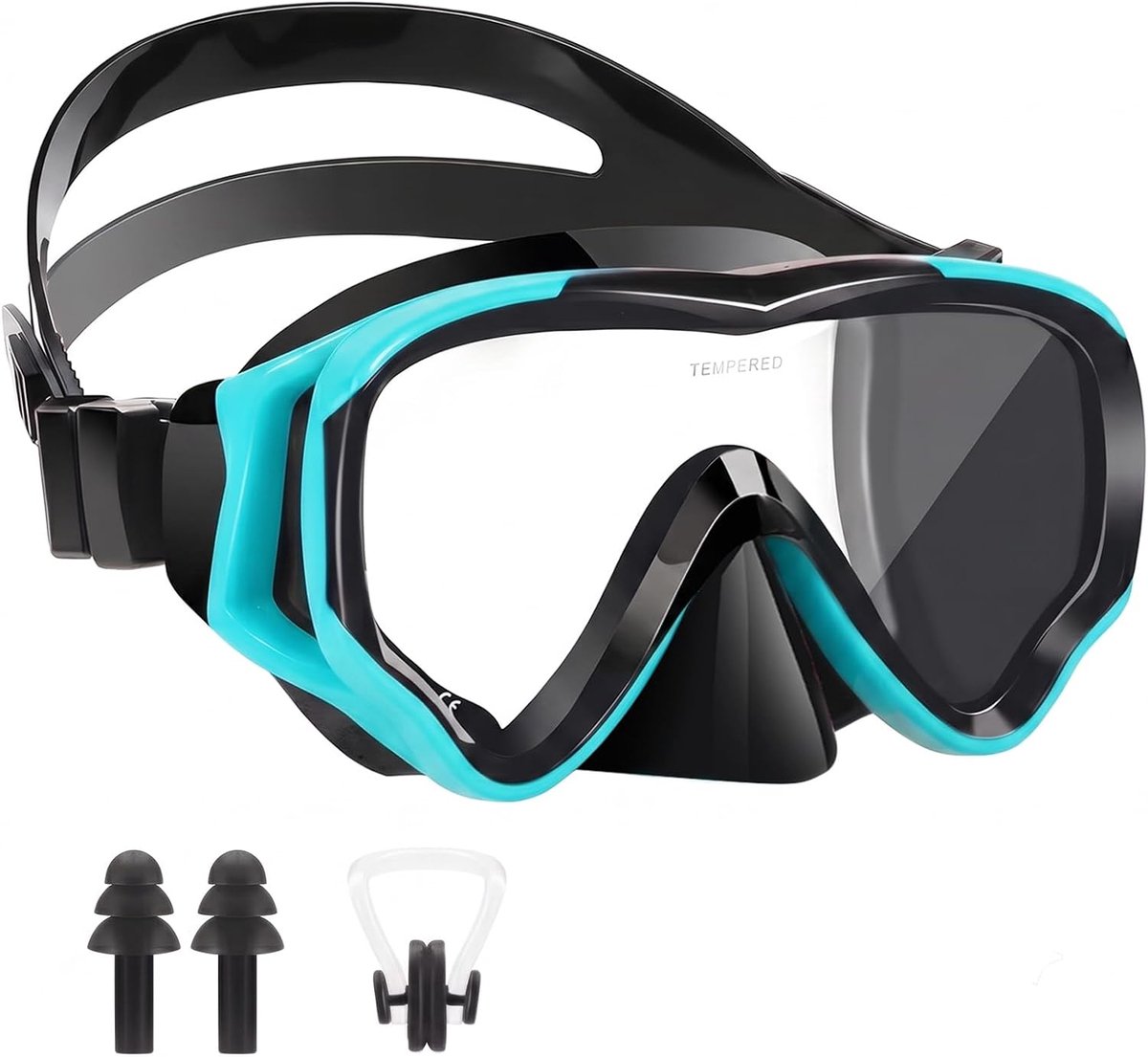 Duikbril voor kinderen van 4-16 jaar, zwembril met neusafdekking, snorkelmasker voor 180° panorama HD siliconen band, anti-condens, anti-lek, snorkelset voor meisjes en jongens (blauw-zwart)
