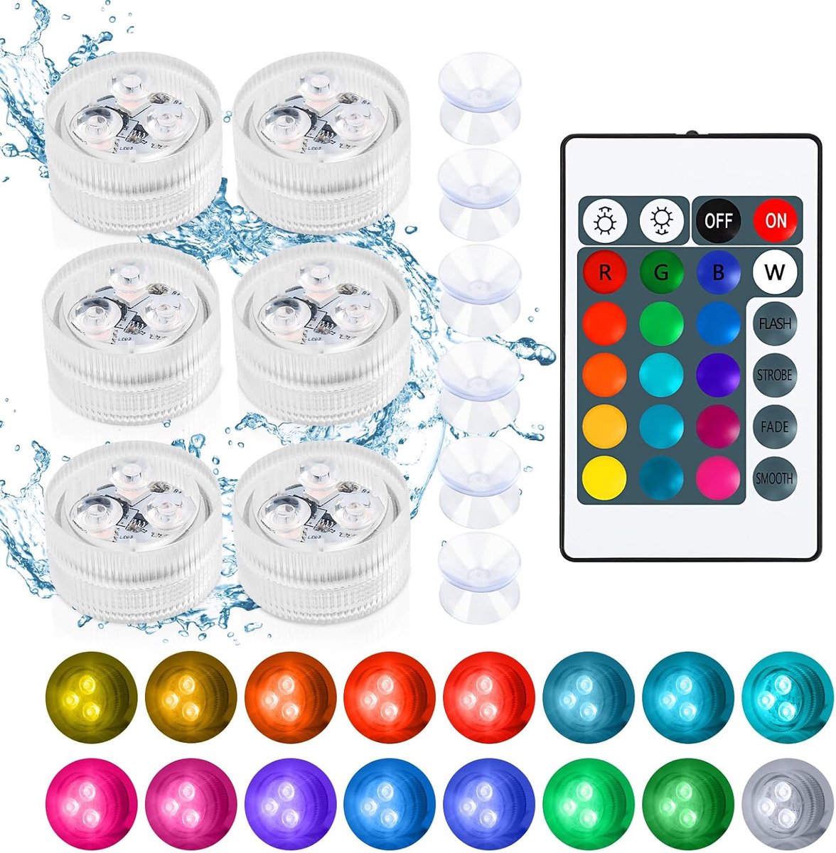 6 stuks, ledverlichting, 4 modi, 16 kleuren, RGB, waterdicht, IP68, mini-ledkaarsen met afstandsbediening en 6 zuignappen, voor aquarium, vaas, zwembad, vijver, tuin, feest