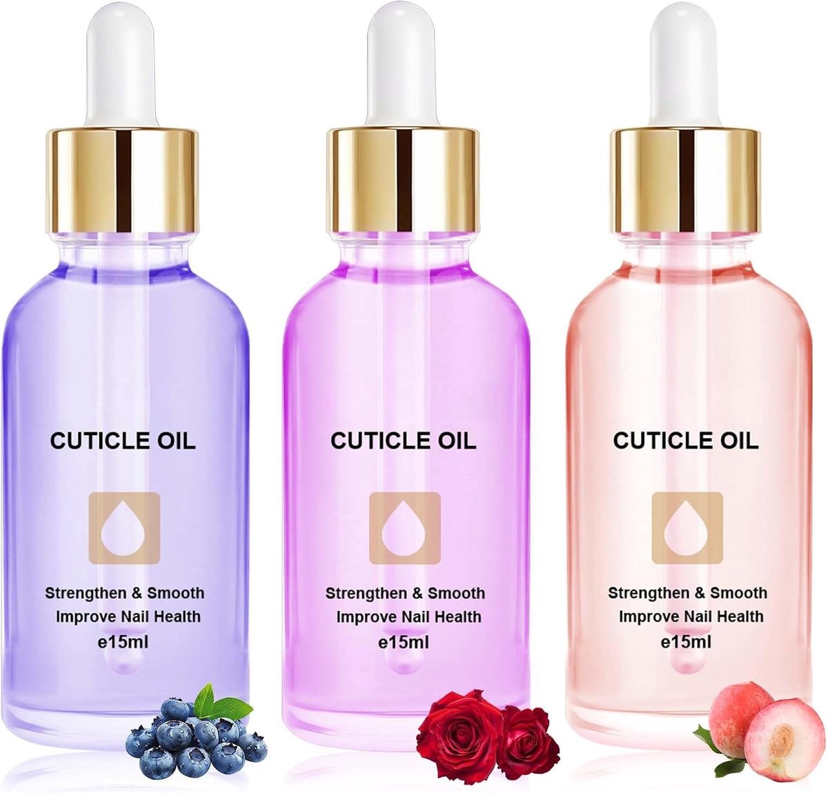 Natuurlijke Nagelriemolie 15 ml x 3 - Vegan Nagelverzorging met Pipette in Bosbes, Roos en Perzik Smaak