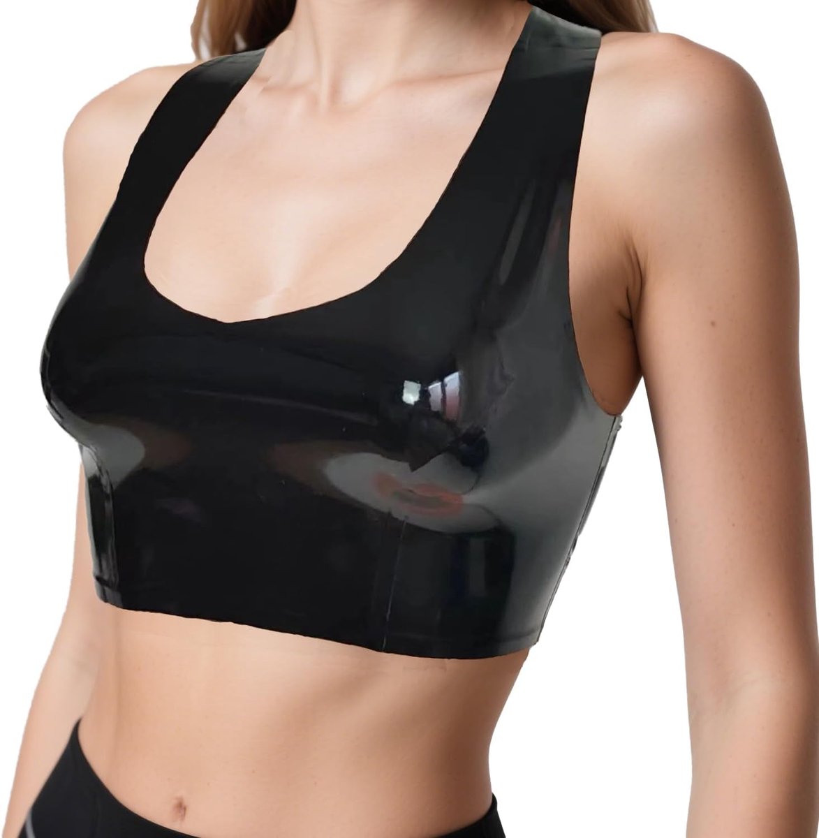 Vest Tops voor Dames,Zwarte Latex Rave Outfit Clubwear Korset Gilet Camisole Crop Top Handgemaakt