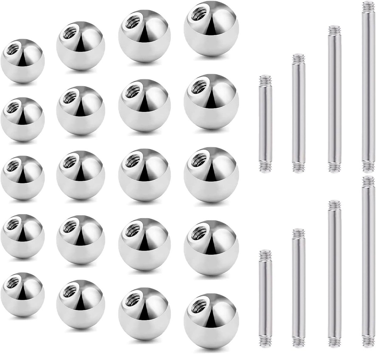 28 stuks piercingballen, zilver, met barbell, 3-6 mm, reserveballen voor 16 g, 14 g, lippiercing, tong, wenkbrauwen, buik sieraden