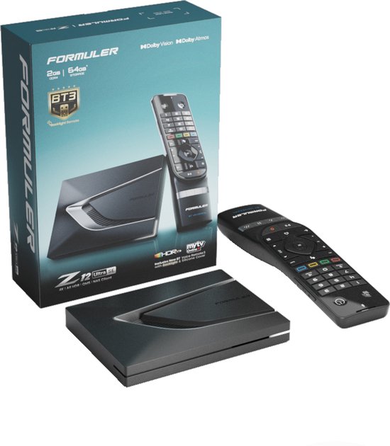 Formuler Z12 Ultra SE mediabox met BT3 afstandsbediening en verpakking. Zwarte mediaspeler met zilveren accent.