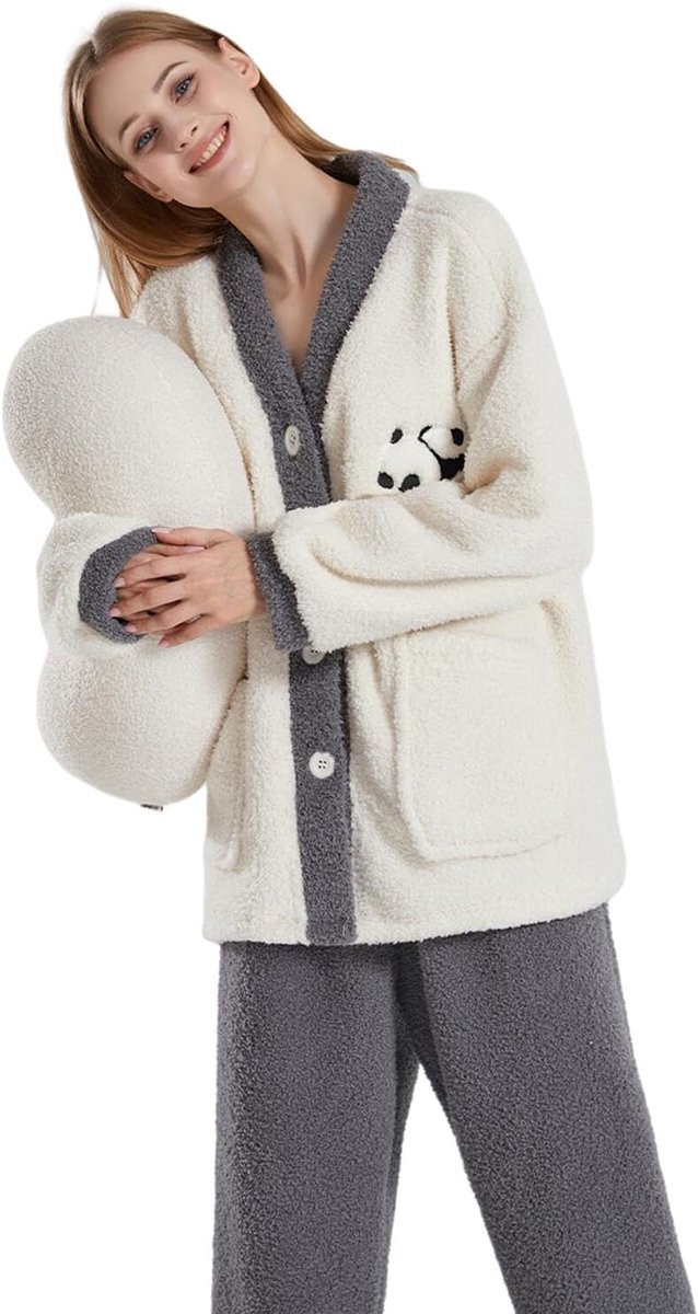 Winter Pajamas Winter Warm V-Neck Button-Up Pajamas,Cute Panda Pajama Set,Unisex Loungewear-B-Xxl