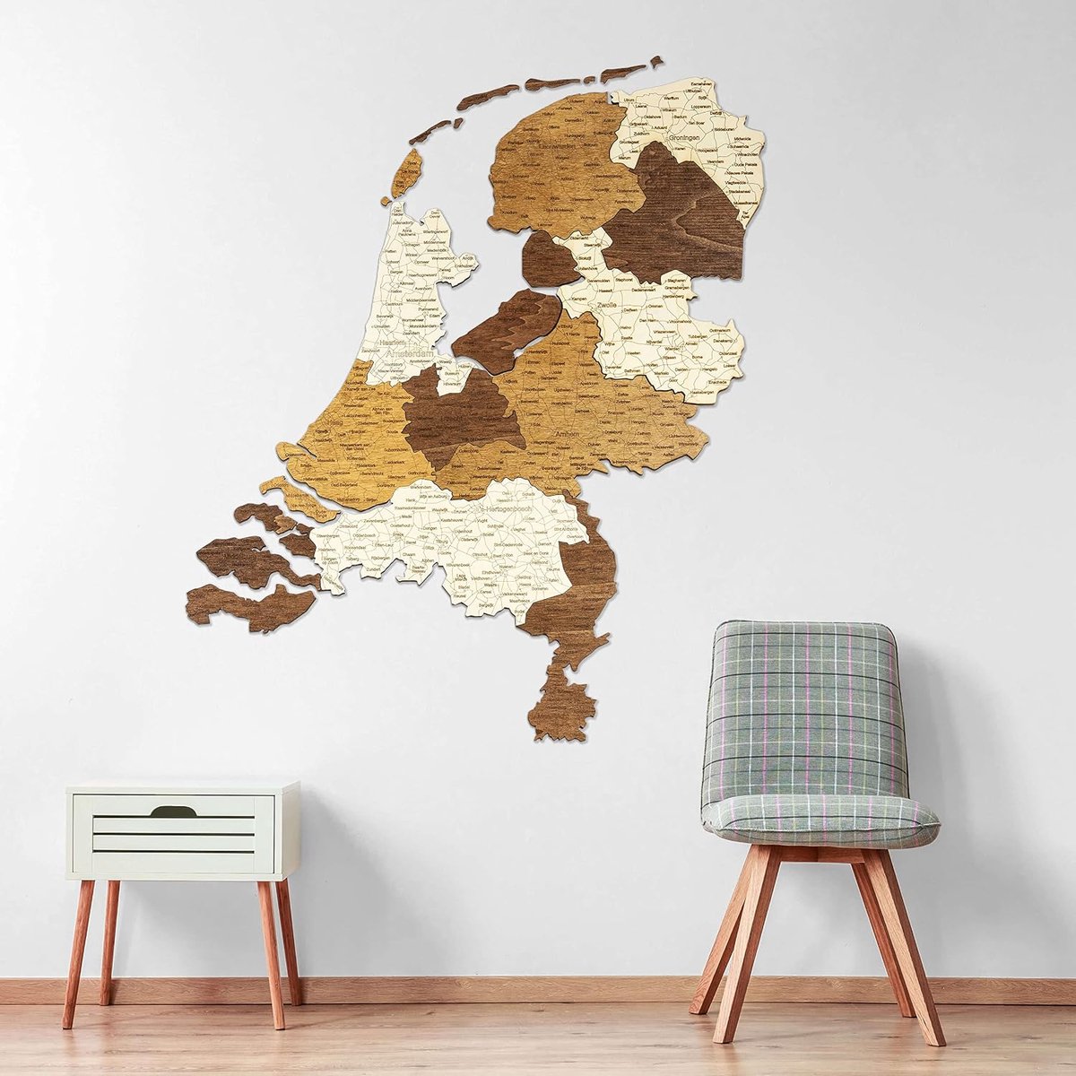 68travel Houten kaart van Nederland (86x101cm) meerlagige grote muurkunst met natuurlijke vlekken - voor woonkamer, studeerkamer, kantoor