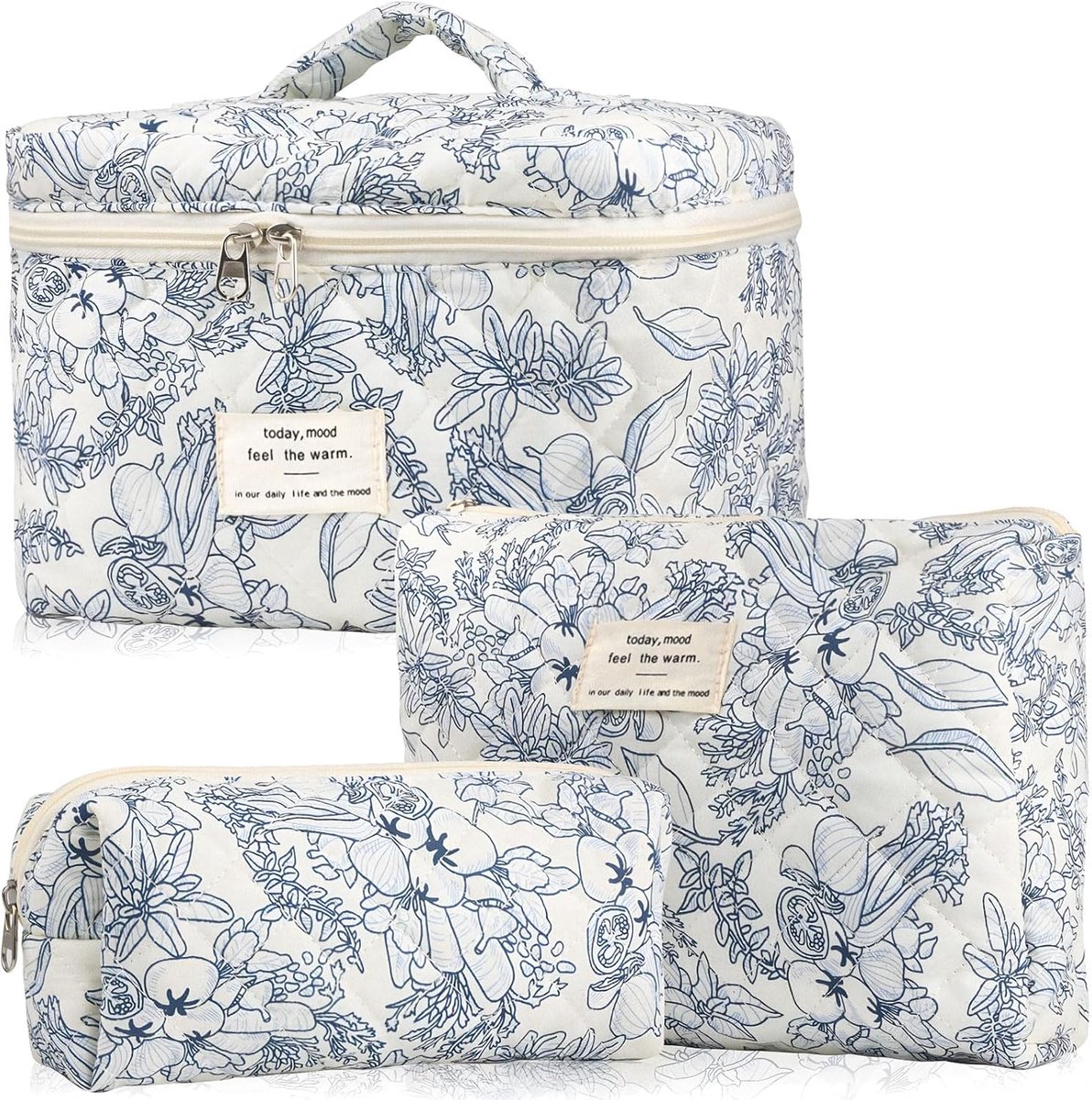 3-deelige set make-uptas voor meisjes, bloemenpatroon, katoenen toilettassenset, draagbare make-uptas, voor kinderen en dames